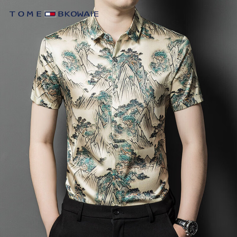 TOME BKOWAIE汤米真丝衬衫男装夏天新款印花真丝绸缎高端潮牌青中年短袖衬衣男 米白色 3XL