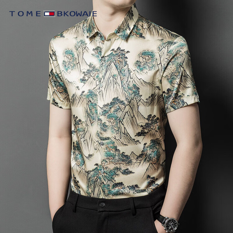 TOME BKOWAIE汤米真丝衬衫男装夏天新款印花真丝绸缎高端潮牌青中年短袖衬衣男 米白色 3XL