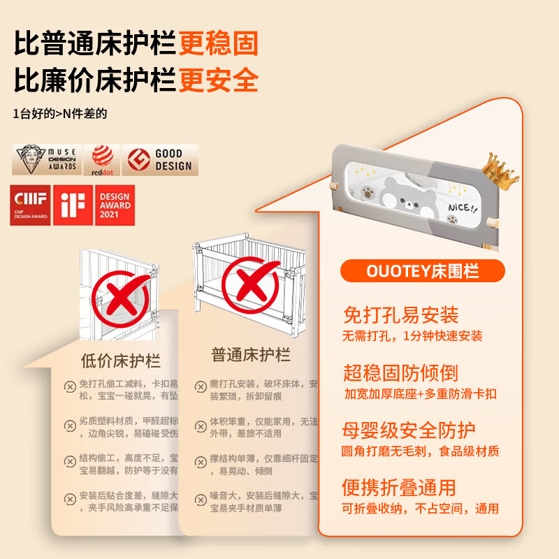 OUOETY德系顶配宝宝床围栏安全挡婴儿床边一面挡板免安装免打孔床上护栏 【旗舰款】拼接岩石灰 单面装 U型底座+防滑棉+可升降 2.0米(可折叠床边挡板)