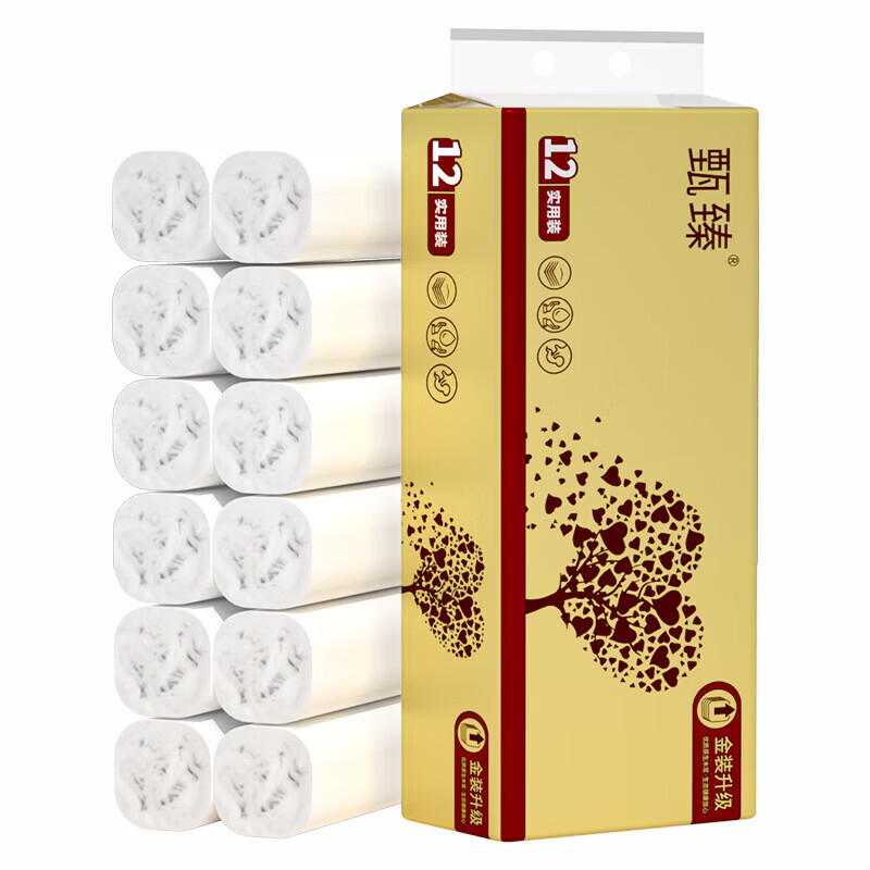 甄臻12卷卫生纸家用餐巾纸无芯卷筒纸厕所专用厕纸木浆卷纸便携装 5层 20g*12卷 1提