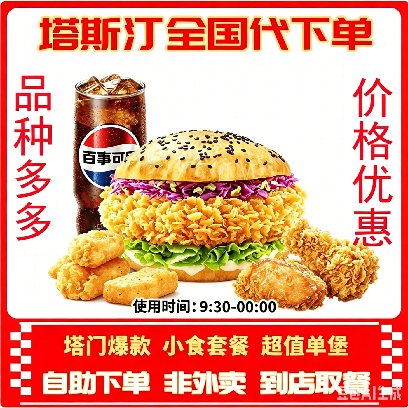 【门店自提】塔斯汀 代下单 中国汉堡香辣鸡腿堡藤椒鸡腿堡粗薯条塔塔鸡块兑换券优惠 超值3件套辣堡*1+小食任选2