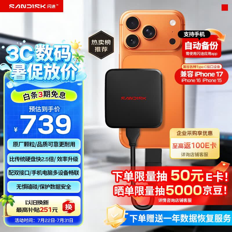 闪迪（SanDisk）ELE 1TB 移动固态硬盘（PSSD）新元素 type-c接口 小巧便携手机直连笔记本电脑两用外接 办公存储