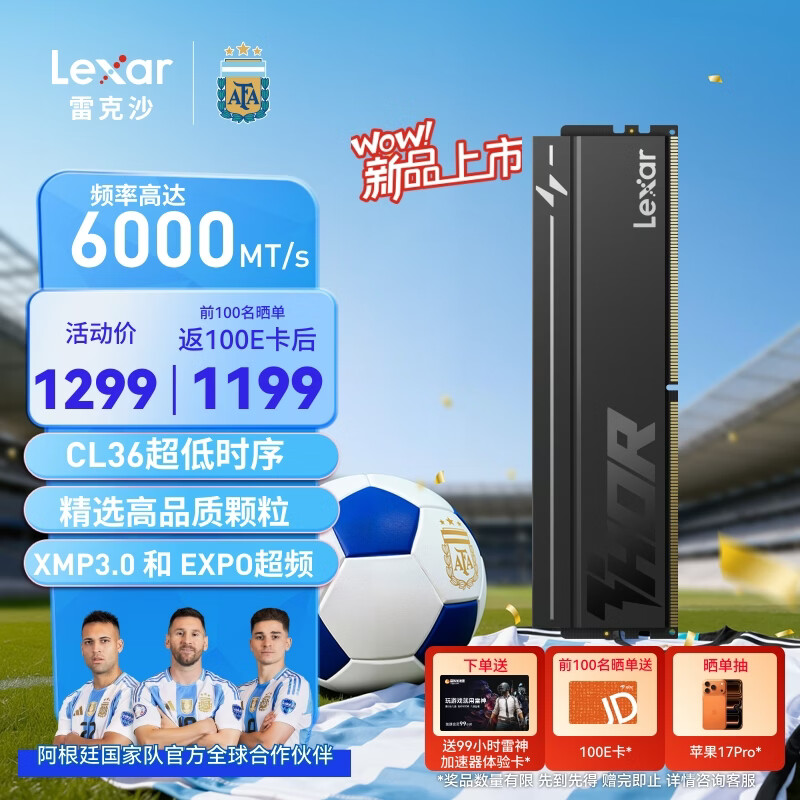 雷克沙（Lexar）DDR5 6000 16GB单条 电竞马甲条台式内存条 CL36 Thor雷神二代马甲 黑色