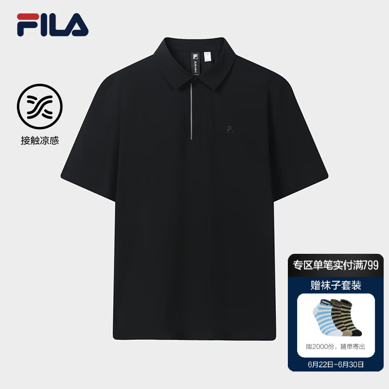 FILA 斐乐官方男子针织短袖POLO衫2026秋季新款休闲舒适凉感上衣 深黑-BK XL 180/100A/XL
