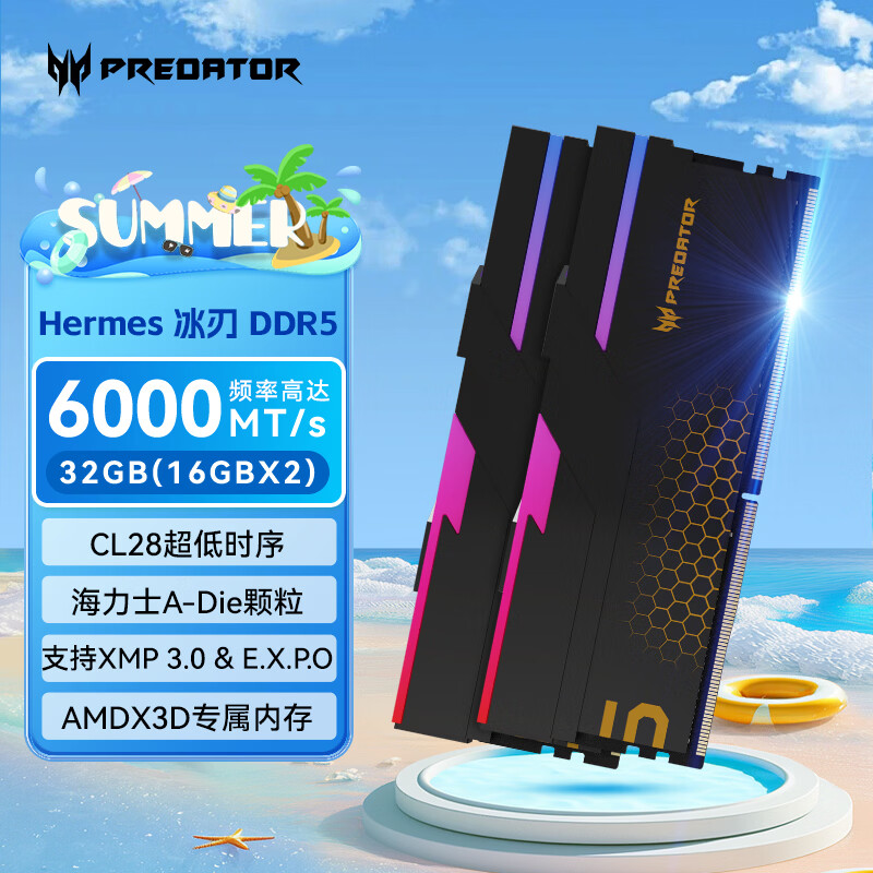 宏碁掠夺者（PREDATOR）32G(16G×2)套装 DDR5 6000频率 台式机内存条 Hermes冰刃系列 RGB灯条(C28) 石耀黑 AI电脑配件
