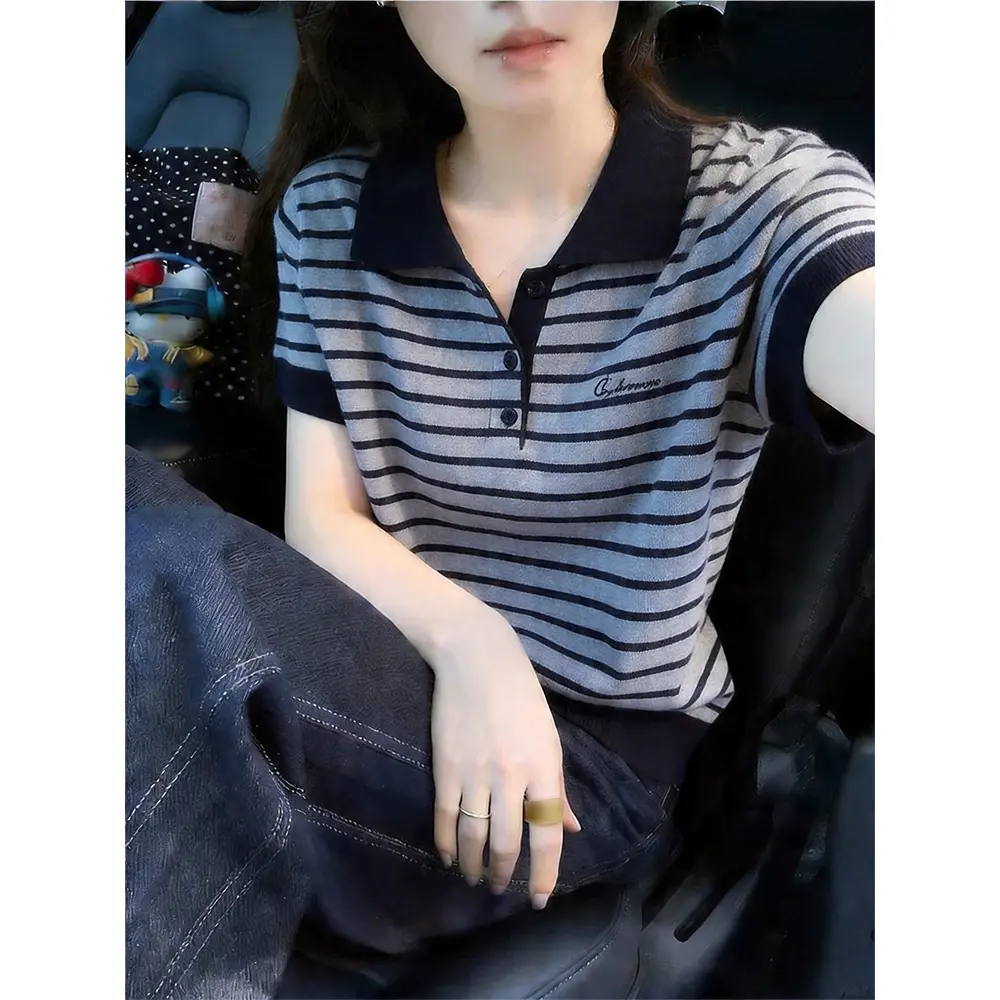 时尚百搭大码polo领短袖针织t恤女2026夏季撞色条纹气质显瘦上衣 藏蓝色 XL (建议115-130斤)