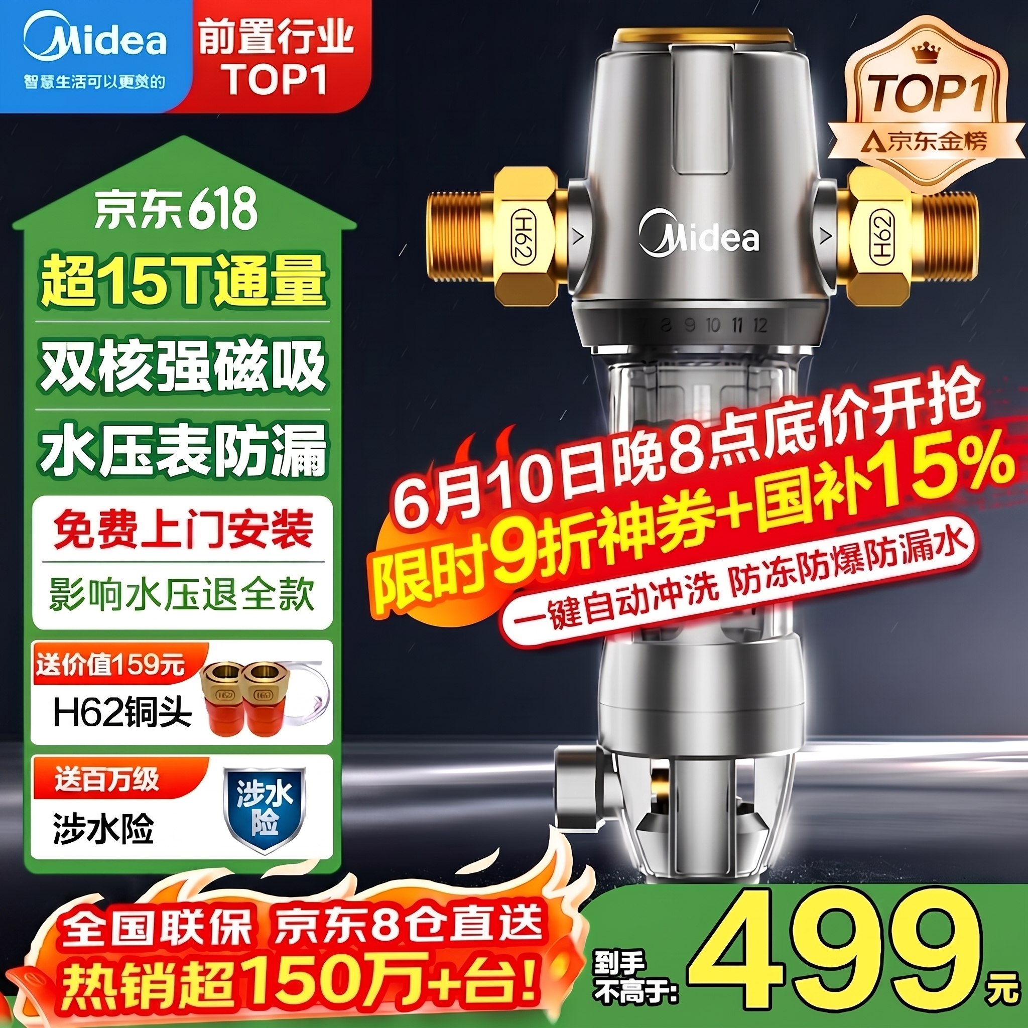 美的（Midea）前置过滤器40微米反冲洗压力表监控15T大通量 QZBW20S-12 全屋家用净水器清洗 旋风