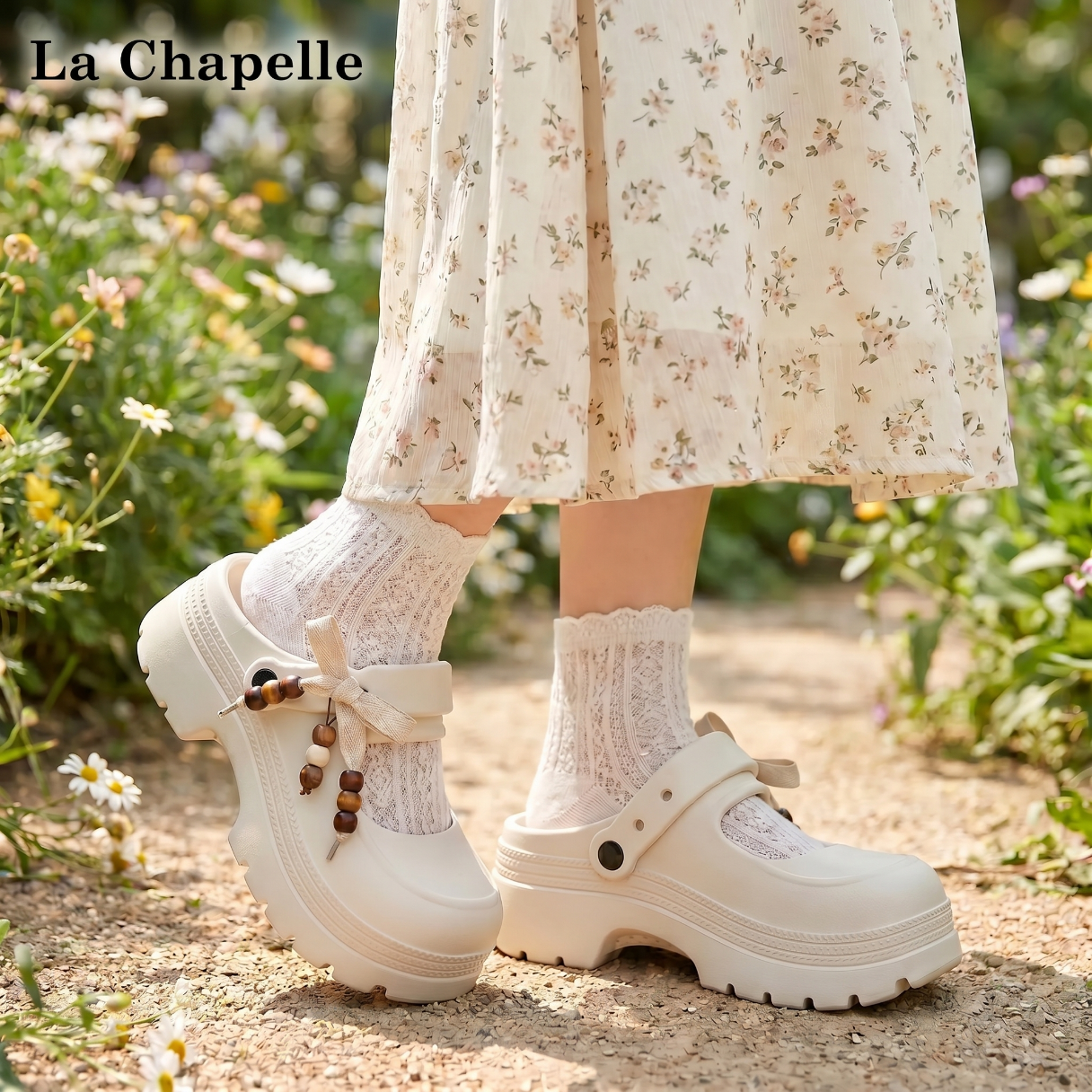 拉夏贝尔(La Chapelle)厚底玛丽珍洞洞鞋女款夏季新款外穿防滑包头鞋增高凉拖鞋 白色 39-40