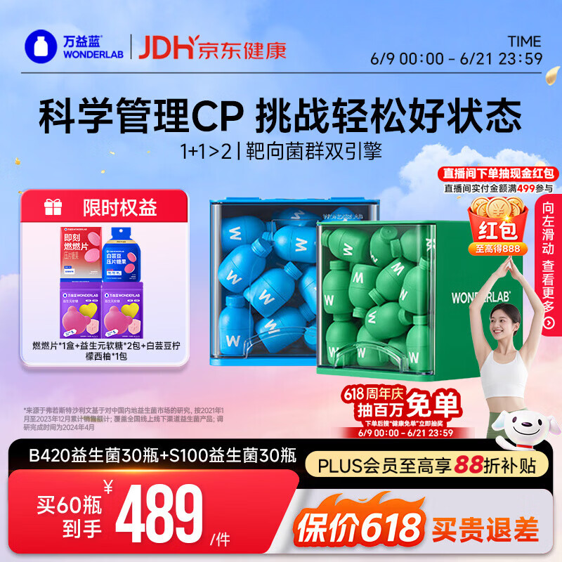 万益蓝WONDERLAB 早B420晚S100组合30瓶+30瓶 益生菌减益生元棕色肥脂肪