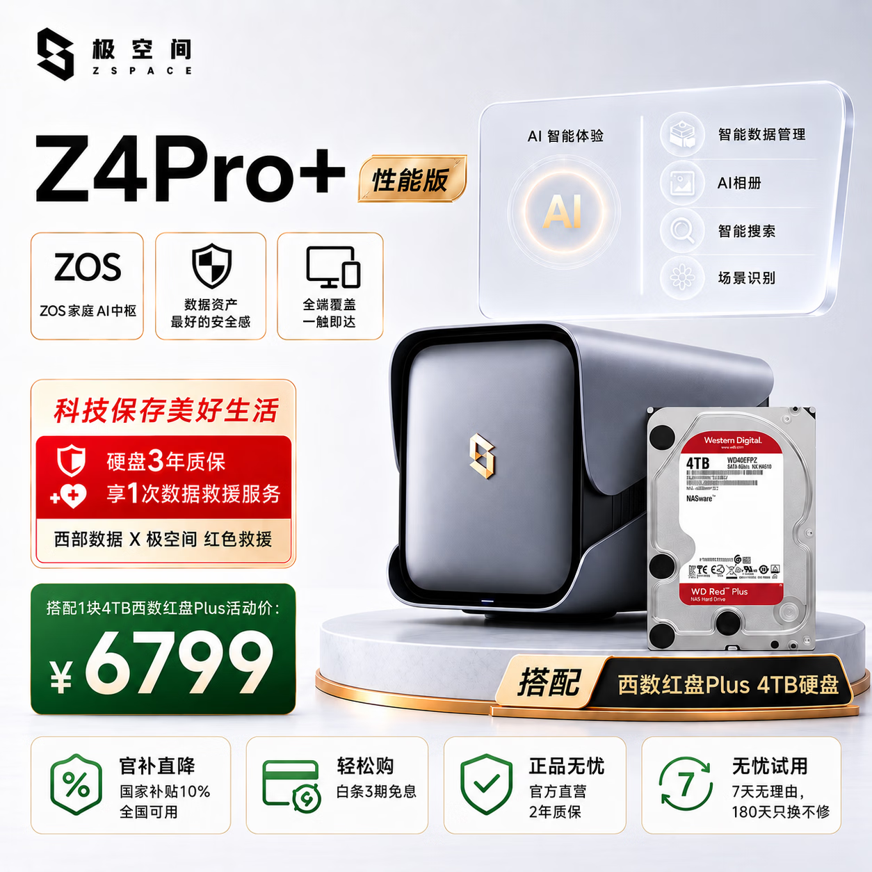 极空间私有云Z4Pro+性能版 4T四盘位NAS智能AI娱乐影音办公网络存储服务器(配1块红盘Plus 4TB硬盘)灰色