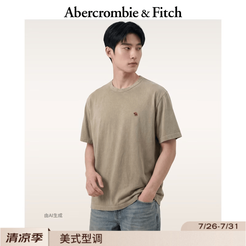 Abercrombie &amp; Fitch经典小麋鹿图案美式情侣纯棉水洗T恤26夏男装女装124-6075 卡其色 M (180/100A)