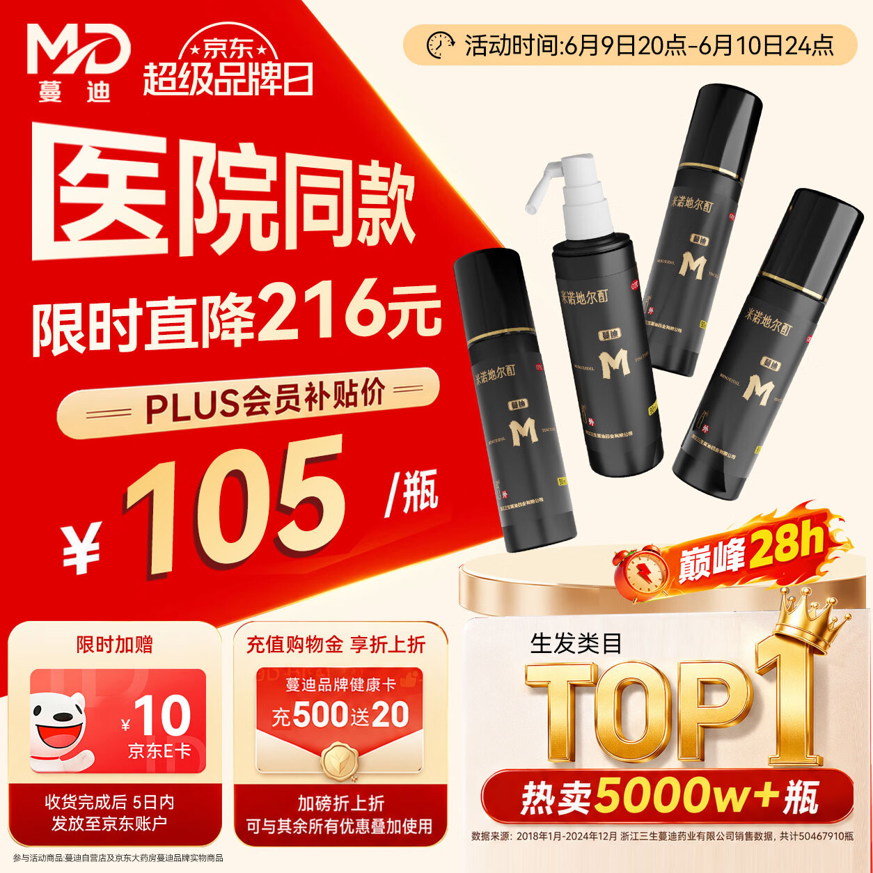 蔓迪生发喷雾90ml*4瓶【超值量贩装】5%米诺地尔酊男士专用治脱发育发斑秃原液搽剂曼迪京东自营米洛