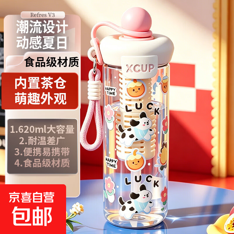 萌趣塑料水杯食品级带茶仓便携随行杯 学生夏季高颜值吸管杯 活力浮球/自带茶仓/吸管/粉色