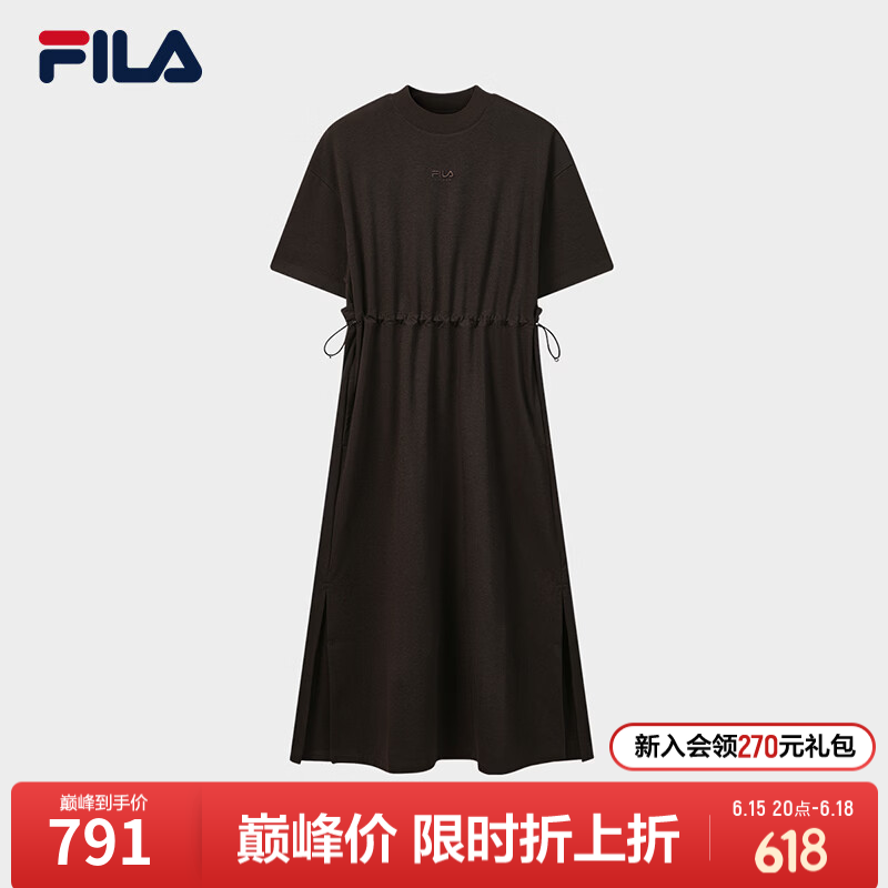 FILA 斐乐官方女子针织连衣裙2026夏新款休闲宽松收腰短袖连身裙 深棕土色-BN XL 175/92A/XL