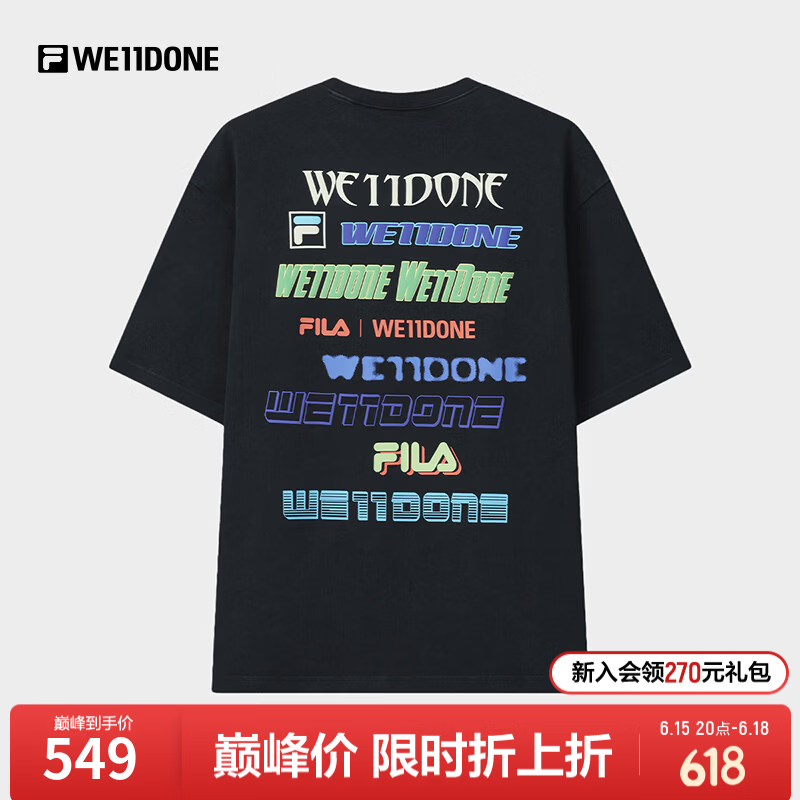 FILA x WE11DONE斐乐情侣针织短袖衫男2026夏新款百搭休闲宽松纯棉T恤 深黑-BK M 170/92A/M