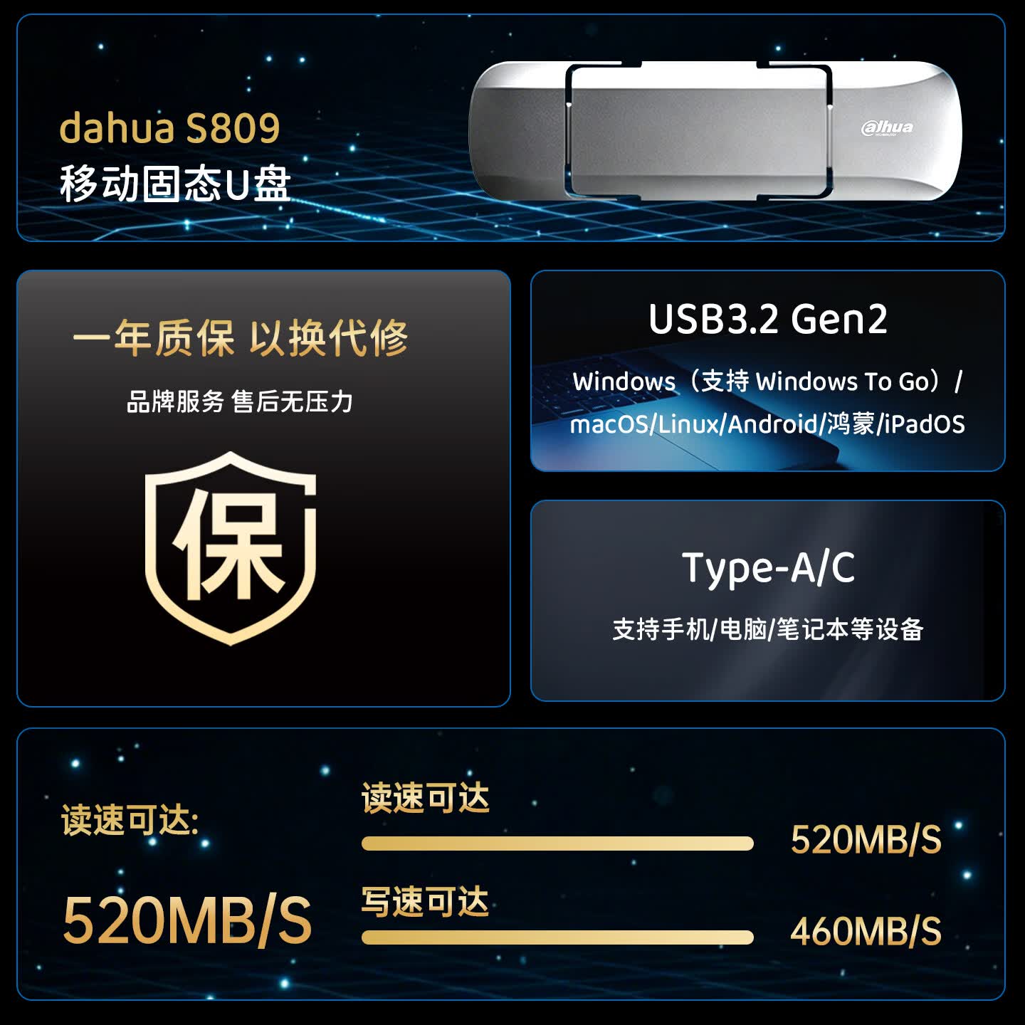 dahuaU盘 移动固态硬盘 S809系列 双接口Type-C/USB3.2 高速传输 大容量存储办公手机电脑两用 支持苹果 1T-固态U盘双接口【读速520MB/s】