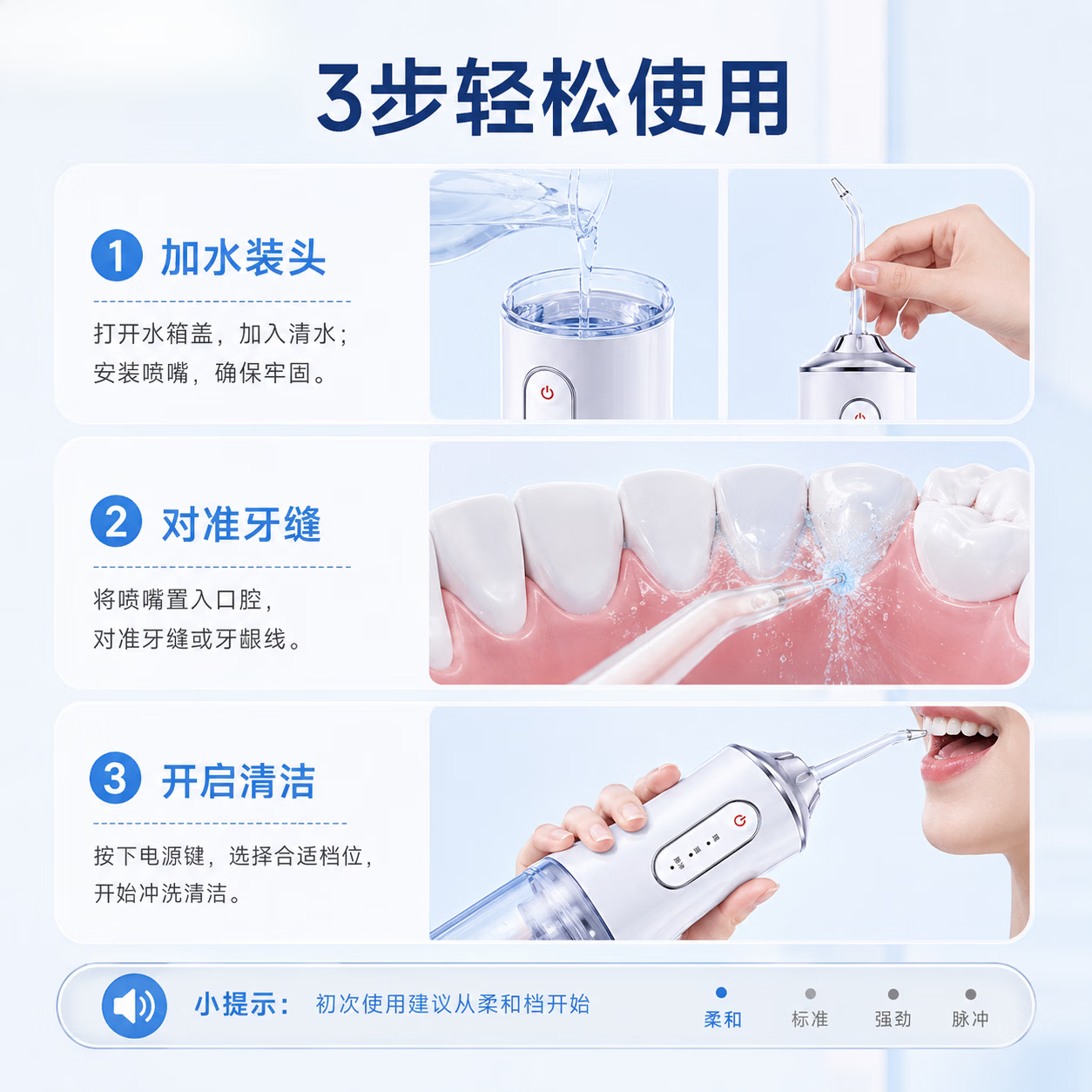 RASW德国冲牙器便携式洁牙器家用电动牙齿洗牙器正畸专用青少年清洁冲洗牙齿牙结石生日礼物 【极光白】 高频脉冲丨洁齿护龈丨塞牙克星 4支喷头 洗牙器冲洗器去牙结石