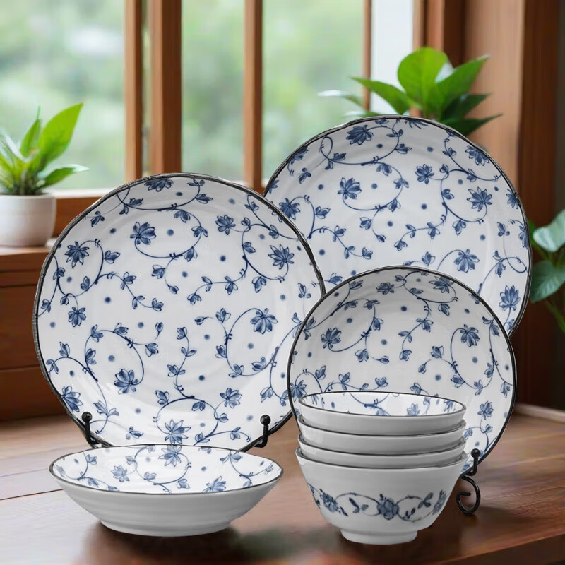 美浓烧（Mino Yaki）日本陶瓷餐具碗碟套装家用简约盘子碗组合中日式碗具 唐草8头套装 8头