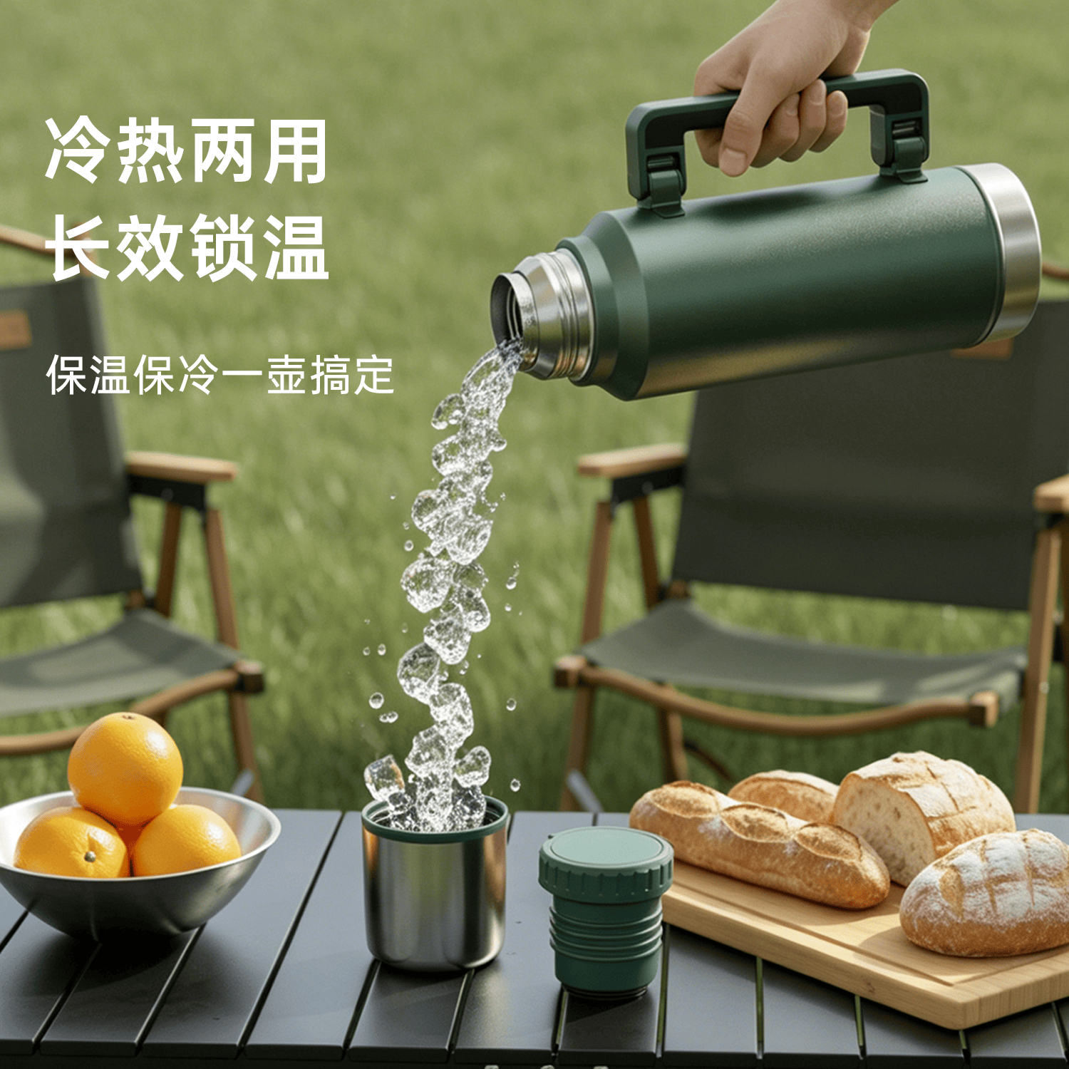 TOARUS大容量户外不锈钢保温壶真304食品接触级标准保温保冰露营热水壶 1000ML-军绿保温壶【德国精工标准】
