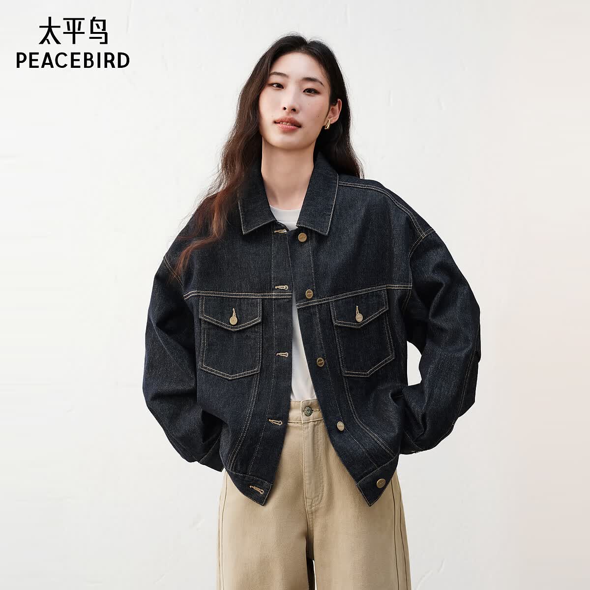 太平鸟灯笼袖纯棉牛仔外套女2025春装宽松时尚牛仔上衣外搭 牛仔深蓝 L