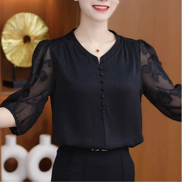 【爆款热卖】2026新款V领短袖衬衫女宽松显瘦百搭上衣气质小衫 黑色 3XL 建议体重【120-130斤】