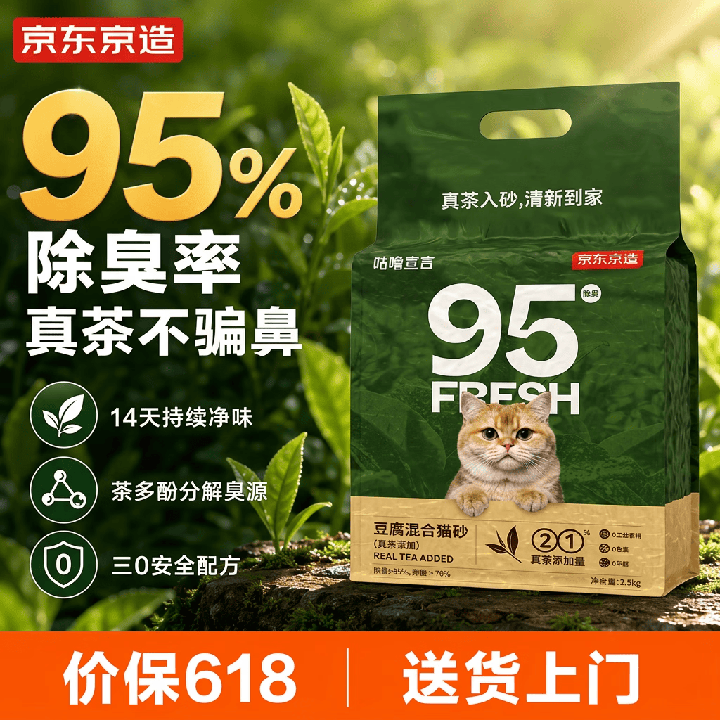 京东京造 真茶豆腐混合猫砂2.5kg*4 除臭抑菌低尘不粘底强吸水易结团