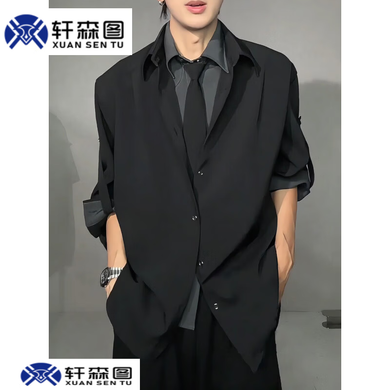 轩森图（XUANSENTU）假两件拼接领带设计感衬衫男款早秋季感衬衣外套痞帅休闲西装潮 LK80150夜幕黑 L 115-130斤