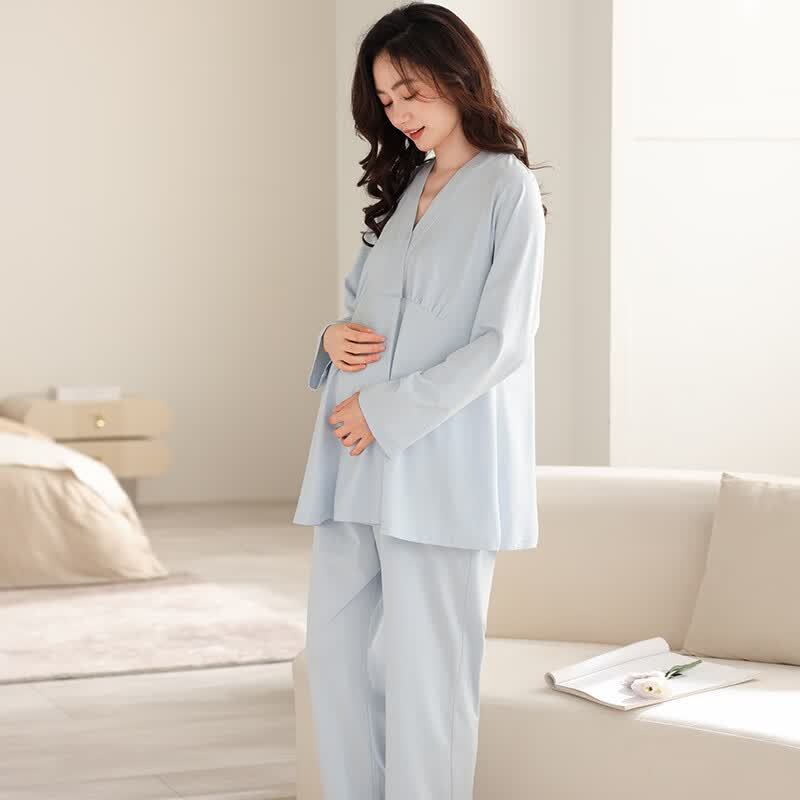 ROVO月子服哺乳睡衣带胸垫怀孕期产后喂奶孕妇家居服套装 AM66763浅蓝 L