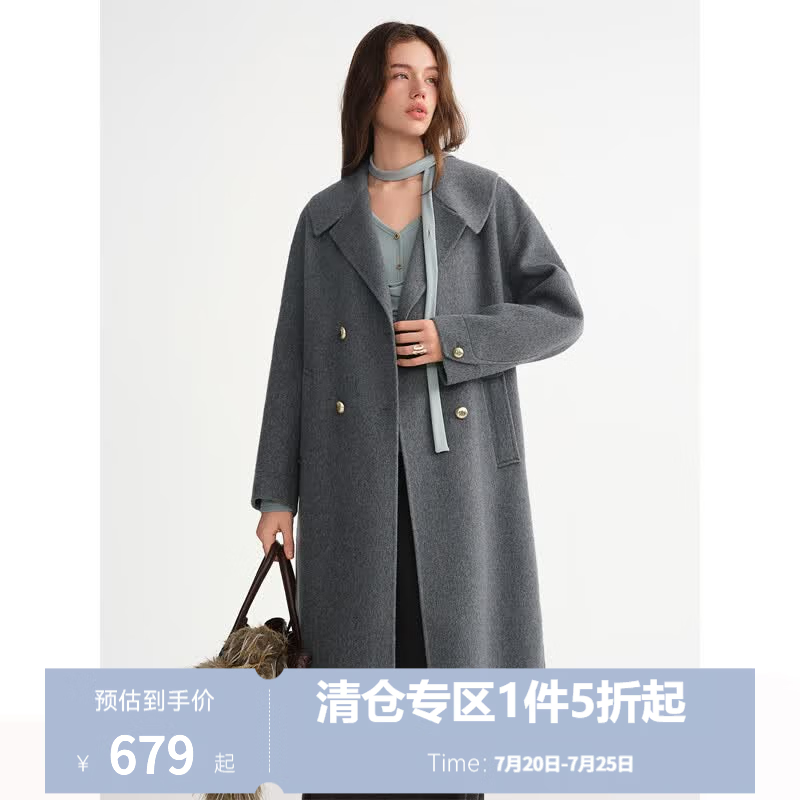 独束大码女装【天鹅大衣】大翻领双排扣毛呢外套2025冬季新品 气质灰 3XL （尺码：5）