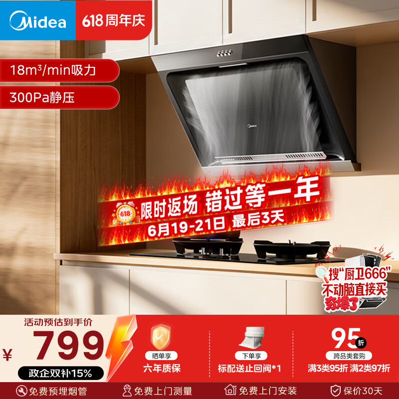 美的（Midea）抽吸排油烟机 家用大吸力侧吸式油烟机上门安装以旧换新出租房屋脱排烟机CXW-200-J30