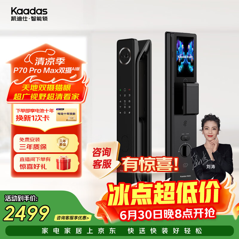 凯迪仕（KAADAS）P70 Pro Max（双摄）AI版智能门锁 密码指纹锁猫眼人脸识别智能锁