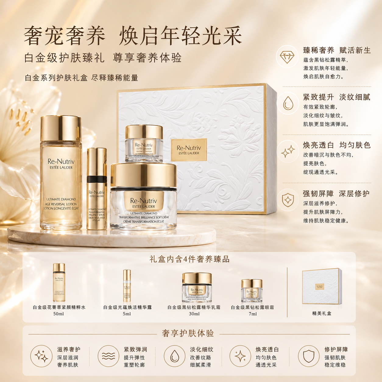 雅诗兰黛（Estee Lauder）白金级蕴能黑钻奢宠4件套礼盒 精华水50ml+面霜30ml+眼霜5ml+精华 90ml