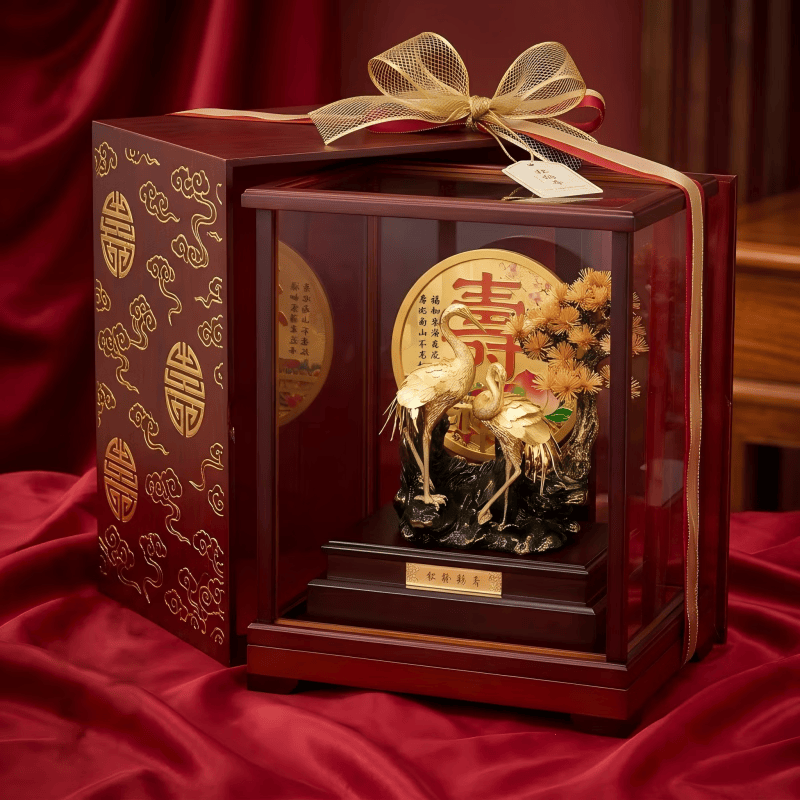 京峰阁 松龄鹤寿金箔橱窗祝寿摆件 送老人长辈生日礼物六十八十大寿礼品 橱窗松龄鹤寿