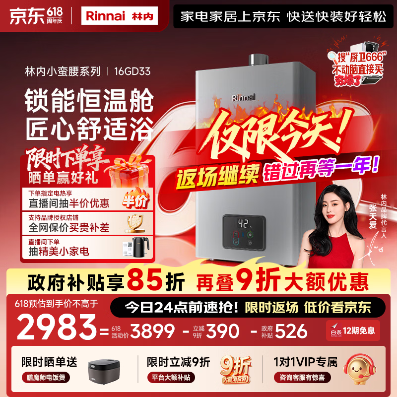 林内（Rinnai）【小蛮腰Pro plus】16升极光灰燃气热水器  超能恒温芯 恒温热水器上门安装 16GD33（JSQ31-GD33）