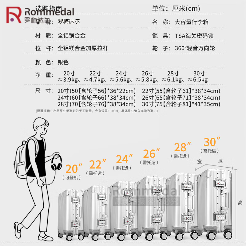 罗梅达尔(Rommedal)加厚全铝镁行李箱20寸轻便登机箱铝框28寸大容量拉杆箱24寸旅行箱 黑色【全铝镁合金】升级版 24英寸