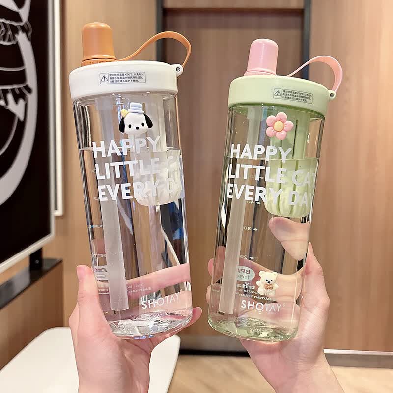 溥畔简约吸管杯大容量运动便携耐高温随手杯学生夏季高颜值泡茶杯 黑色800ML+立体贴随机
