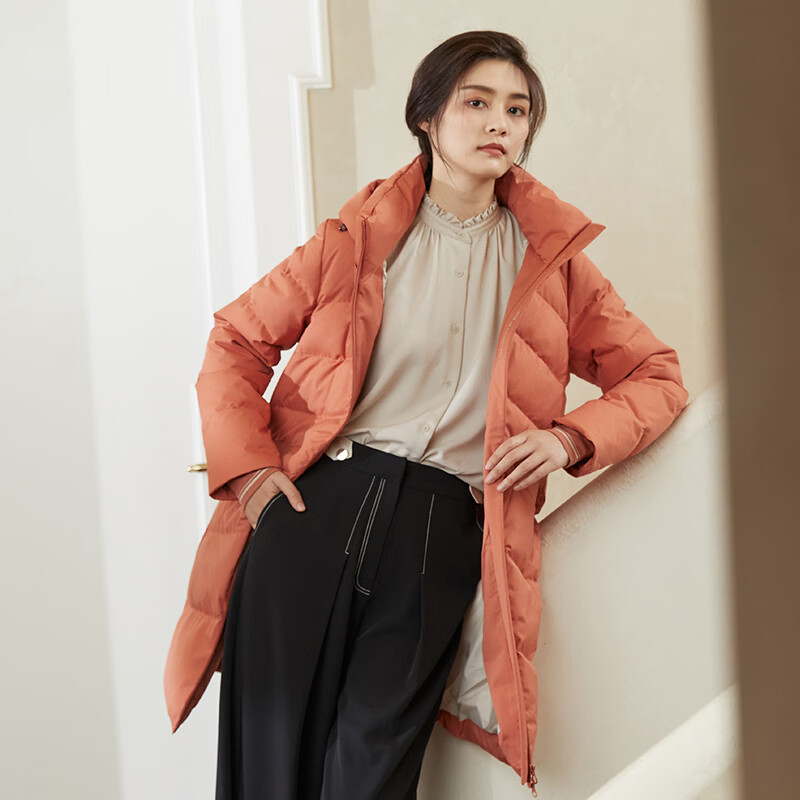 千仞岗(CHERICOM)90绒子鸭绒中长款羽绒服女简约时尚保暖舒适百搭休闲外套 枫叶橙 XS (155)