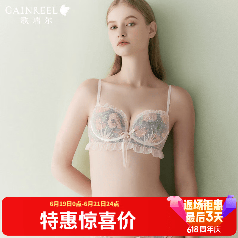 Gainreel歌瑞尔法式浪漫小胸聚拢文胸侧收副乳纯欲内衣女防下垂承托性感蕾丝胸罩 奶茶色 220309A 75A