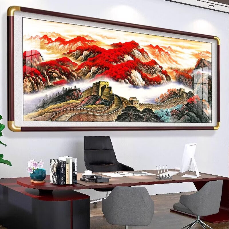 画解国画山水画靠山图中式客厅风景挂画办公室沙发背景墙装饰画风水画 背靠金山【聚宝】 240cm*90cm【荐3.5m-4m沙发墙】 雅致红木色实木框【仿铜角+有机玻璃+防潮背板】 带框成品+实木装裱