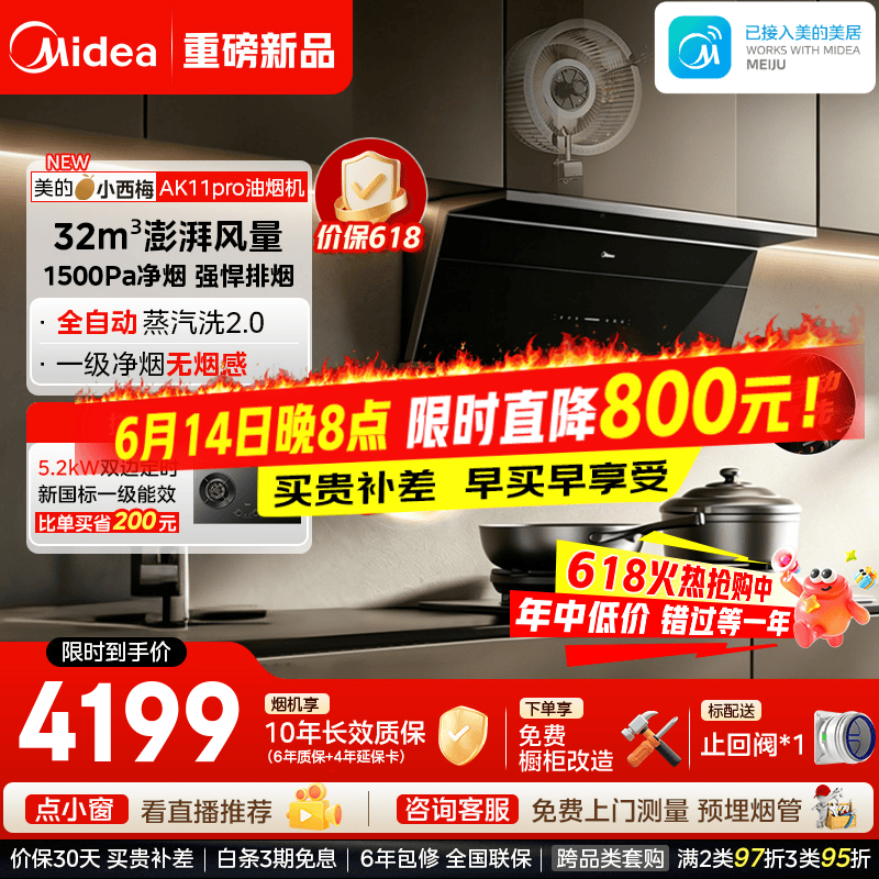 美的（Midea）【小西梅AK11PRO油烟机】家用32风量自动蒸汽洗 顶侧一体无烟感自清洗1500Pa变频双风道吸抽排烟机 【单烟机-小西梅AK11pro】抗污面板 一级净烟（支持鸿蒙智联）