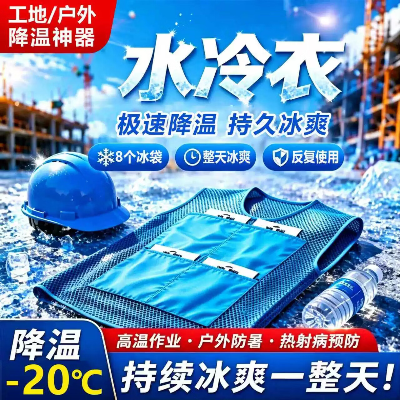 大为制冷马甲水冷衣制冷背心降温神器马甲冰袋空调户外工地高温夏天液冷水冷防护服男 天蓝色网状降温马甲+8个冰袋 均码