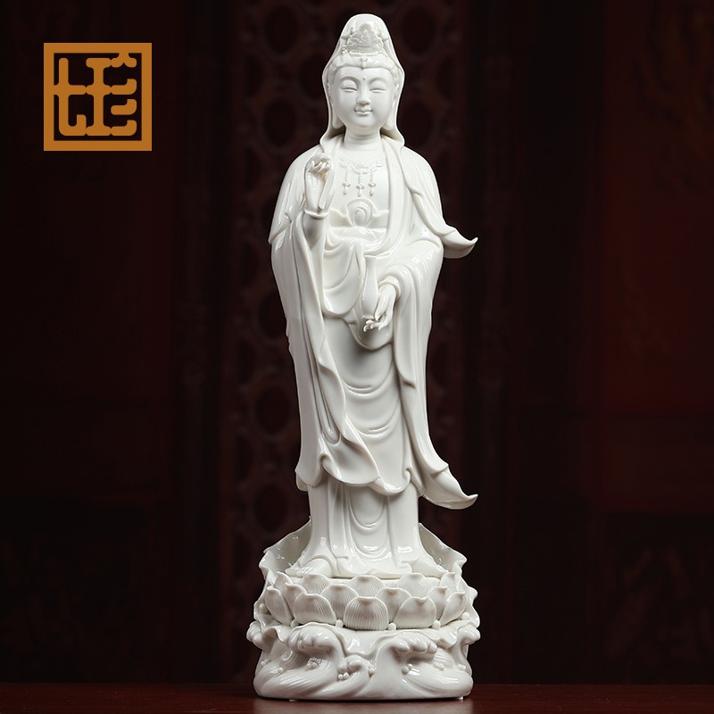 山南海观音菩萨佛像摆件站立像观世音菩萨德化白瓷供奉 16吋渡海观音