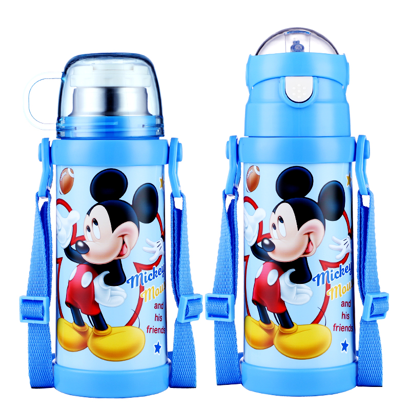 迪士尼（Disney）儿童保温杯304不锈钢男女杯子学生吸管双盖水杯宝宝背带保温瓶子 400ML 米奇蓝 6010M