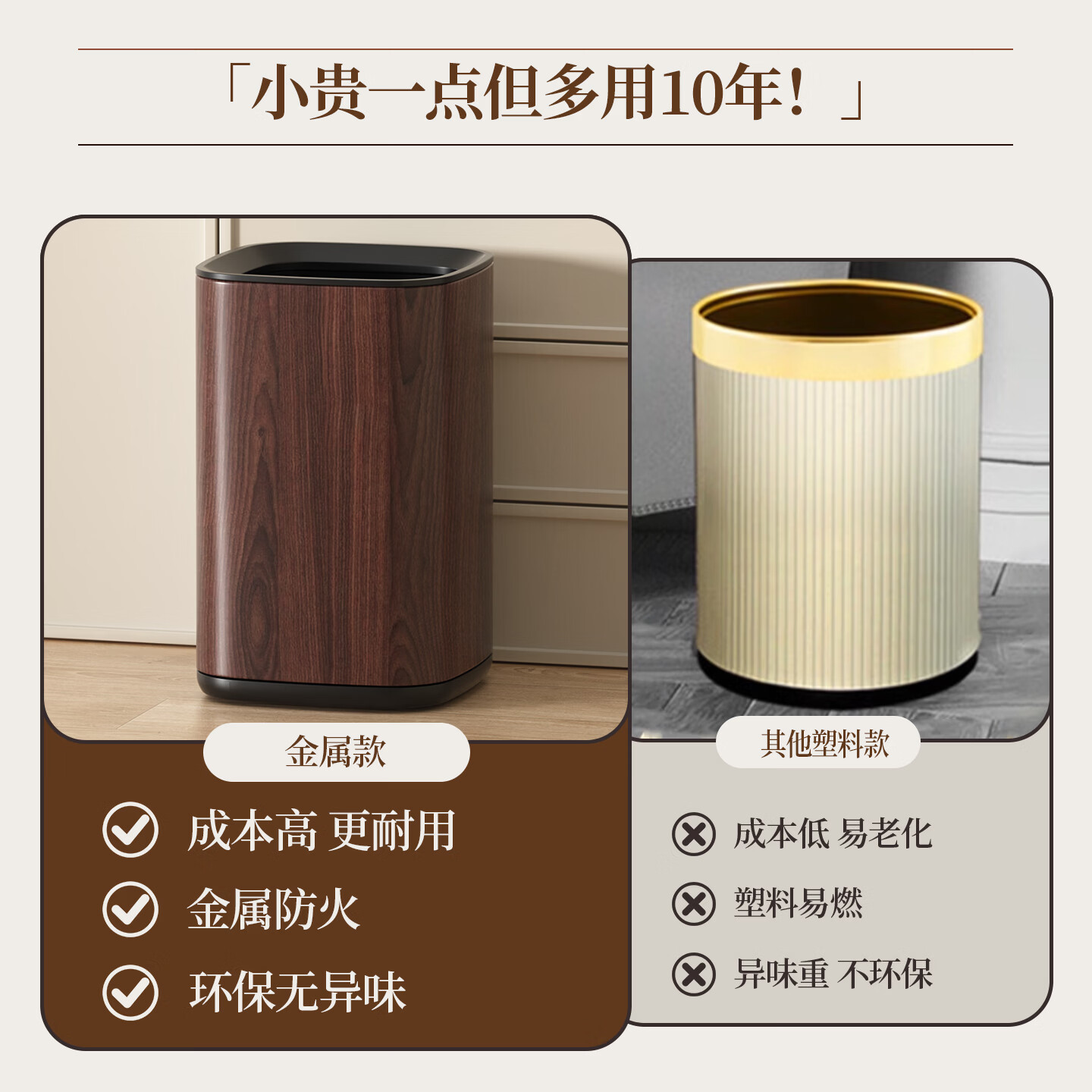 科灵胡桃木纹客厅垃圾桶家用卧室卫生间厕所无盖高档酒店商用简约轻奢 方圆斜口款 胡桃木纹 13L 【无盖敞口 客厅 厨房】