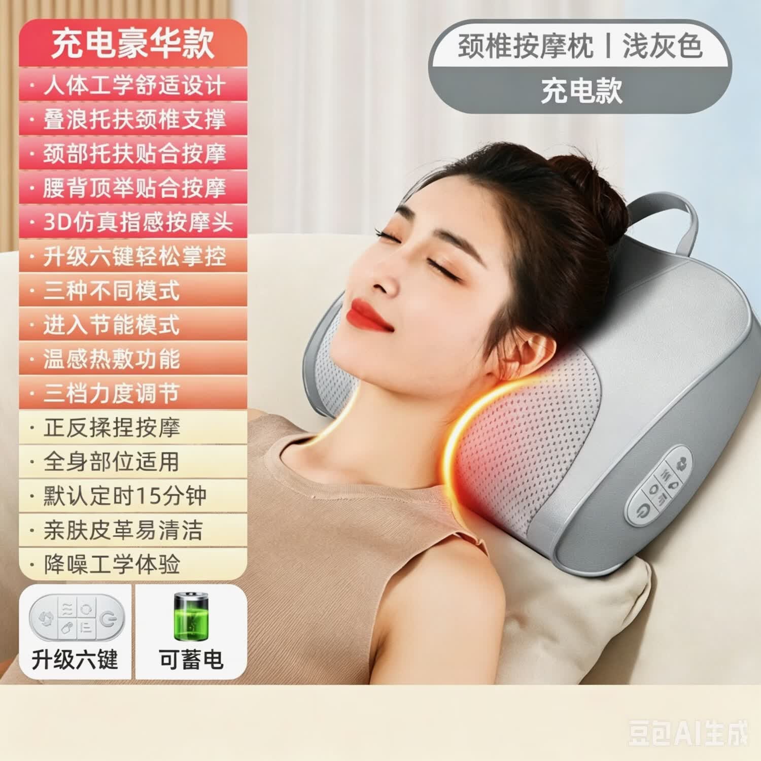 多功能颈椎按摩枕 颈腰腿部通用热敷靠垫 家用充电舒缓按摩器 长辈送礼居家放松 【豪华灰 】充电大号