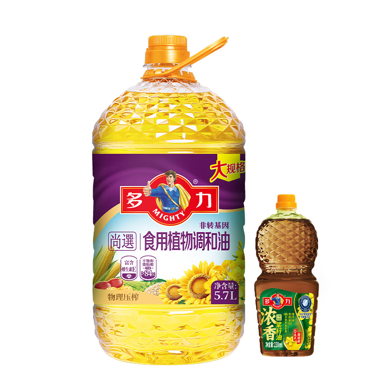 多力五珍宝食用植物调和油5L和黄金葵花籽油238ml组合食用油 多力尚选食用植物调和油5.7L+浓香菜籽油238ML