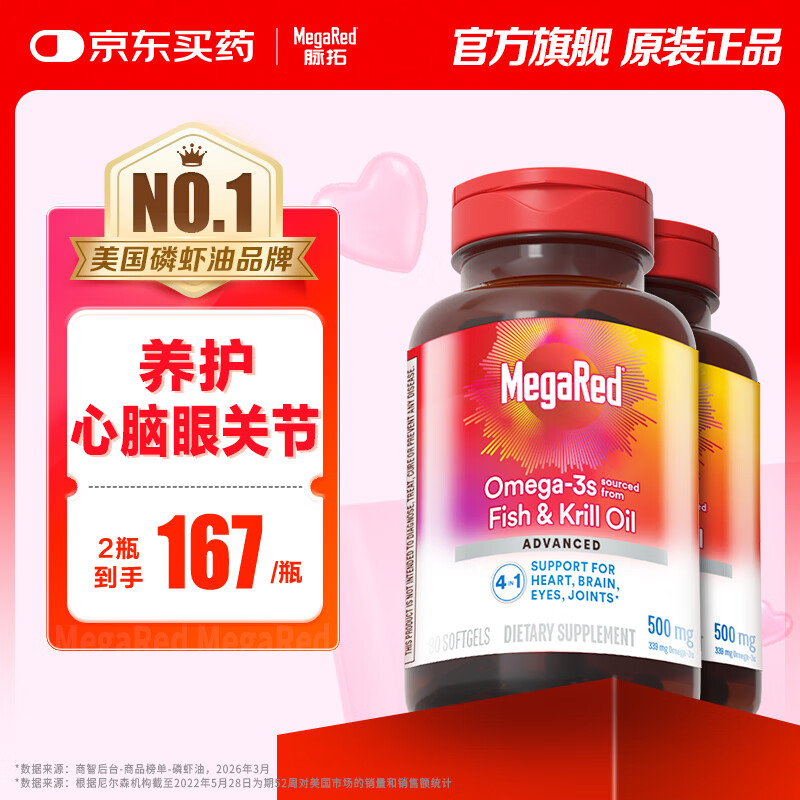 脉拓MegaRed【央妈推荐】南极磷虾油500mg高纯度omega-3鱼油升级美国原装进口 四合一磷虾油 80粒*2瓶