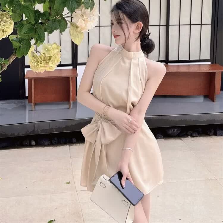 连衣裙挂脖无袖收腰显瘦气质包臀短裙子 米色 XL 建议110-20