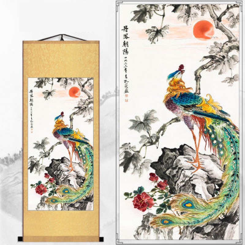 onevan花开富贵玄关孔雀装饰壁画客厅竖版丹凤朝阳国画凤凰牡丹卷 a