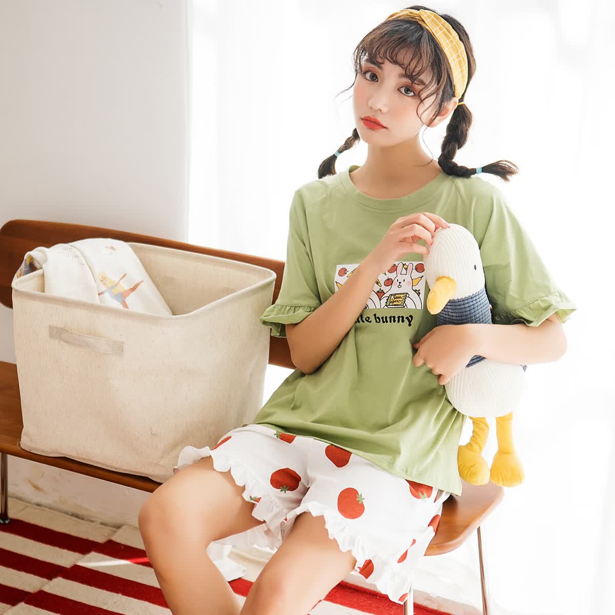 黛梦思睡衣女100%纯棉圆领休闲风可爱甜美短袖家居服套装 绿色 （亲肤纯棉） M -女款 （建议80-105斤）
